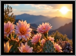 Różowe, Kwiaty, Kaktusy, Wschód słońca