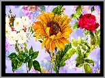 Kwiaty, Róże, Słonecznik, Grafika