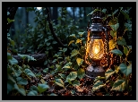 Las, Lampa, Liście, Drzewa, Księżyc