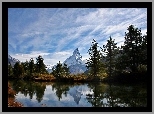 Matterhorn, Chmury, Jezioro, Świerki, Odbicie