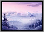 Zima, Mgła, Góry, Drzewa, 2D