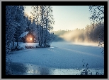 Zima, Jezioro, Lód, Mgła, Drzewa, Dom, Śnieg