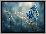 Motyl, Niebieski, Modraszek, Źdźbło, Trawa, Krople, Rosa, Grafika AI