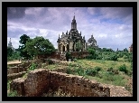 Myanmar, Pagody, Ruiny, Drzewa, Trawa