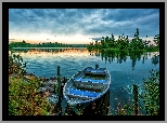 Niebo, Chmury, Jezioro, Łódka, Drzewa, Rośliny, Kamienie, Hemsedal, Norwegia