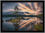 Norwegia, Ringrike, Chmury, Jezioro, Drzewa, Odbicie