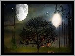 Obraz, Brama, Drzewo, Liście, Księżyc