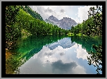 Szwajcaria, Góry, Alpy, Jezioro, Las, Drzewa, Chmury, Odbicie