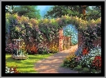 Ogród, Mur, Brama, Kwiaty