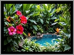 Ogród, Oczko wodne, Kwiaty, Czerwone, Strelicje, Paprocie, Liście, AI