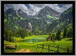 Góry, Drzewa, Las, Jezioro, Lauenensee, Ogrodzenie, Chmury, Region Gstaad, Kanton Berno, Szwajcaria