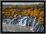Jesień, Żółte, Krzewy, Skały, Wodospad Hraunfossar, Islandia
