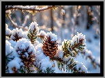 Zima, Ośnieżone, Gałązki, Jodła, Szyszki