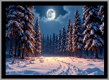 Zima, Noc, Księżyc, Ośnieżone, Drzewa, Zaśnieżona, Droga