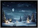 Drzewa, Choinki, Noc, Oświetlenie, Zima, Grafika