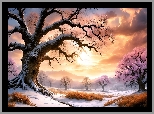 Zima, Góry, Drzewa, Wschód słońca, Mgła, Chmury, Paintography