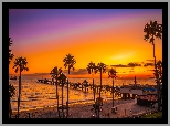 Morze, Molo, Palmy, Plaża, San Clemente, Zachód słońca, Kalifornia, Stany Zjednoczone