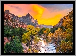 Park Narodowy Zion, Góry Watchman, Rzeka Virgin River, Kamienie, Drzewa, Jesień, Zachód słońca, Stan Utah, Stany Zjednoczone