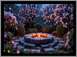 Park, Drzewa, Różowe, Kwiaty, Betonowy, Krąg, Ogień, Grafika, AI
