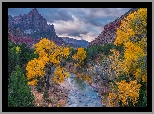 Park Narodowy Zion, Góry Watchman, Rzeka Virgin River, Kamienie, Drzewa, Jesień, Chmury, Stan Utah, Stany Zjednoczone