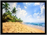 Morze, Fale, Plaża, Narigama Beach, Palmy, Dom, Chmury, Hikkaduwa, Sri Lanka