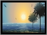 Morze, Plaża, Palmy, Ptaki, Zachód, Słońca, 2D