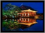 Pałac Gyeongbokgung, Noc, Drzewa, Staw, Odbicie, Seul, Korea Południowa