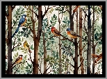 Kolorowe, Ptaki, Gałęzie, Drzewo, Grafika