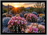 Pustynia, Kwitnące, Kaktusy, Zachód słońca, Grafika, USA, Tucson, Sonora