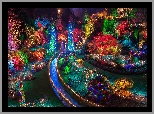 Ogród, Oświetlone, Kolorowe, Drzewa, Rabaty, Klomby, Alejki, Butchart Gardens, Brentwood Bay, Kolumbia Brytyjska, Kanada