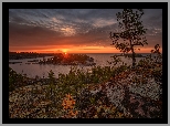 Rosja, Karelia, Jezioro, Ładoga, Skały, Drzewa, Niebo, Zachód słońca