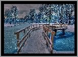 Rzeka, Mostek, Drzewa, Śnieg