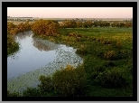 Rzeka, Łąki, Pola, Drzewa, Panorama, Jesień