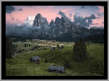 Dolomity, Góry Sassolungo, Płaskowyż Seiser Alm, Dolina Val Gardena, Drzewa, Chmury, Drewniane, Domki, Włochy