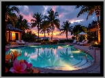 Basen, Palmy, Zachód słońca, Grafika AI