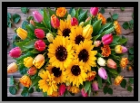 Bukiet kwiatów, Tulipany, Słoneczniki