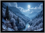 Zima, Góry, Las, Oszronione, Drzewa, Rzeka, Śnieg, Noc, Księżyc, Grafika AI