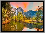 Stany Zjednoczone, Kalifornia, Park Narodowy Yosemite, Góry Sierra Nevada, Wodospad, Rzeka, Merced River, Drzewa, Odbicie