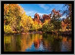 Stany Zjednoczone, Arizona, Skały, Cathedral Rock, Rzeka, Jesień, Drzewa