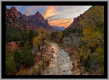 Stany Zjednoczone, Stan Utah, Park Narodowy Zion, Góry, Góra Watchman, Rzeka, Virgin River, Drzewa, Zachód słońca