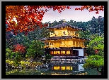 Świątynia Kinkakuji, Złoty Pawilon, Staw Kyko chi, Liście, Drzewa, Kioto, Japonia