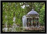 Staw, Altana, Fontanna, Drzewa, Ogród, Jardín del Príncipe, Aranjuez, Hiszpania