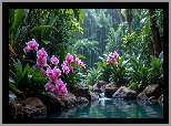 Staw, Kwiaty, Fioletowe, Storczyki, Kamienie, Drzewa, Rośliny, Deszcz, Grafika AI