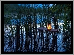Stolik, Lampion, Suche, Trawy, Odbicie, Staw
