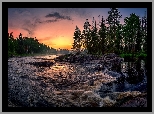 Rzeka Kiiminkijoki, Teren Koiteli, Kiiminki, Finlandia, Wsch�d s�o�ca, Las, Drzewa, Kamienie