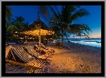 Plaża, Leżaki, Palmy, Ocean, Zmierzch, Wyspa, Mauritius, Tropiki,  Wakacje