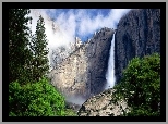 Stany Zjednoczone, Stan Kalifornia, Park Narodowy Yosemite, Wodospad, Drzewa, Góry