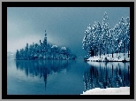 Wyspa, Jezioro, Śnieg, Drzewa, Zima