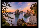 Morze, Skały, Brzeg, Drzewa, Niebo, Zachód słońca, Park stanowy, Samuel H Boardman State Scenic Corridor, Oregon, Stany Zjednoczone