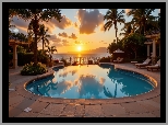 Basen, Palmy, Morze, Zachód słońca, Grafika AI